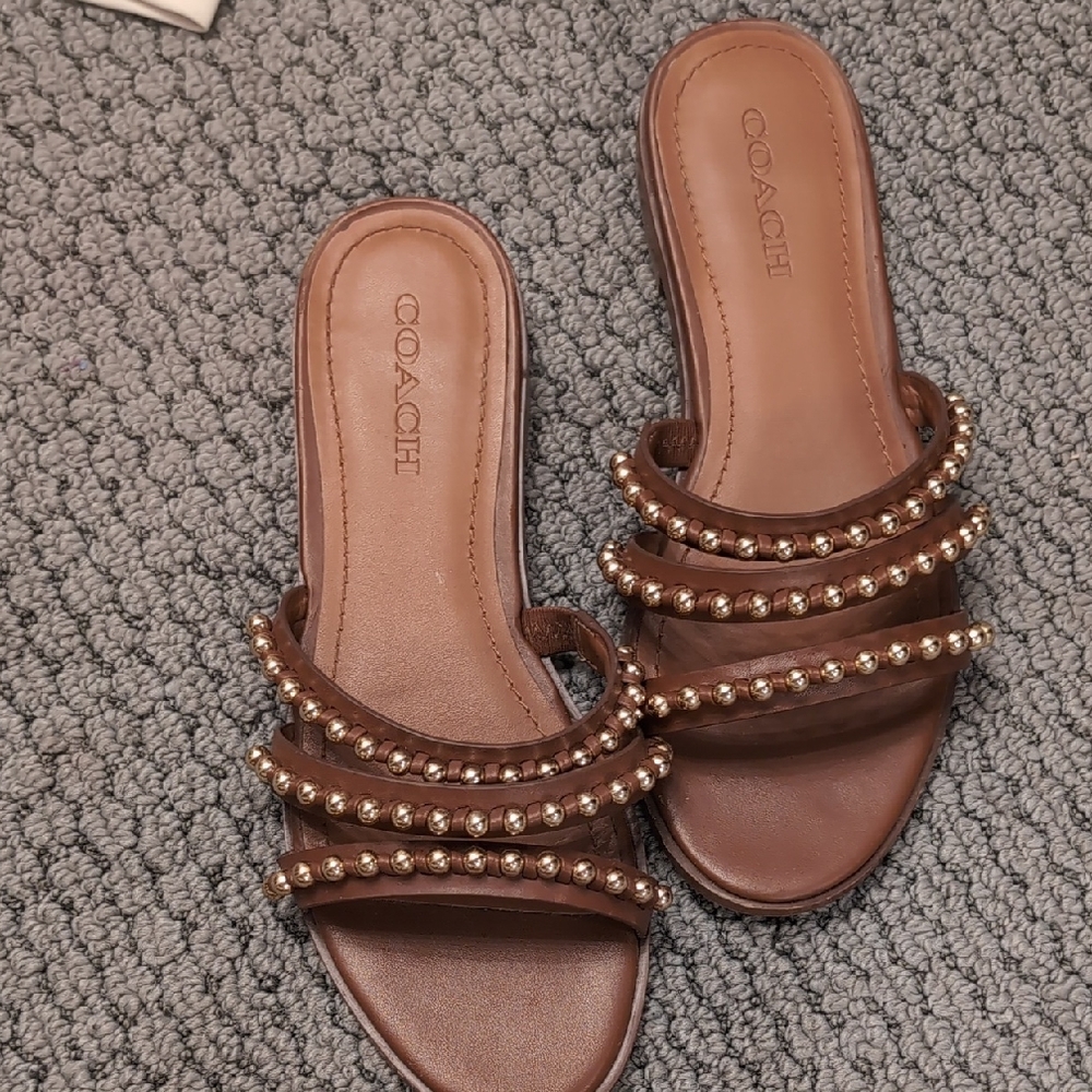 Coach Brown Leather Beaded Slide Sandals with Gold Bead Straps